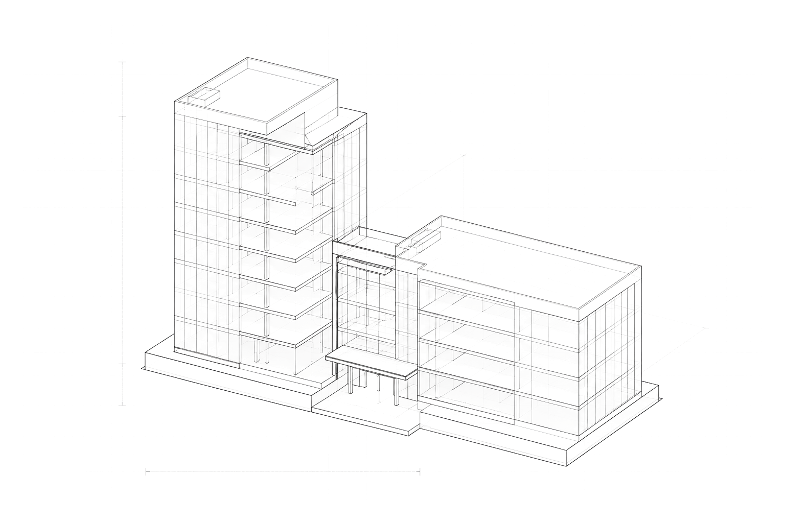 Axonometric architectural drawing of a multi-building commercial property