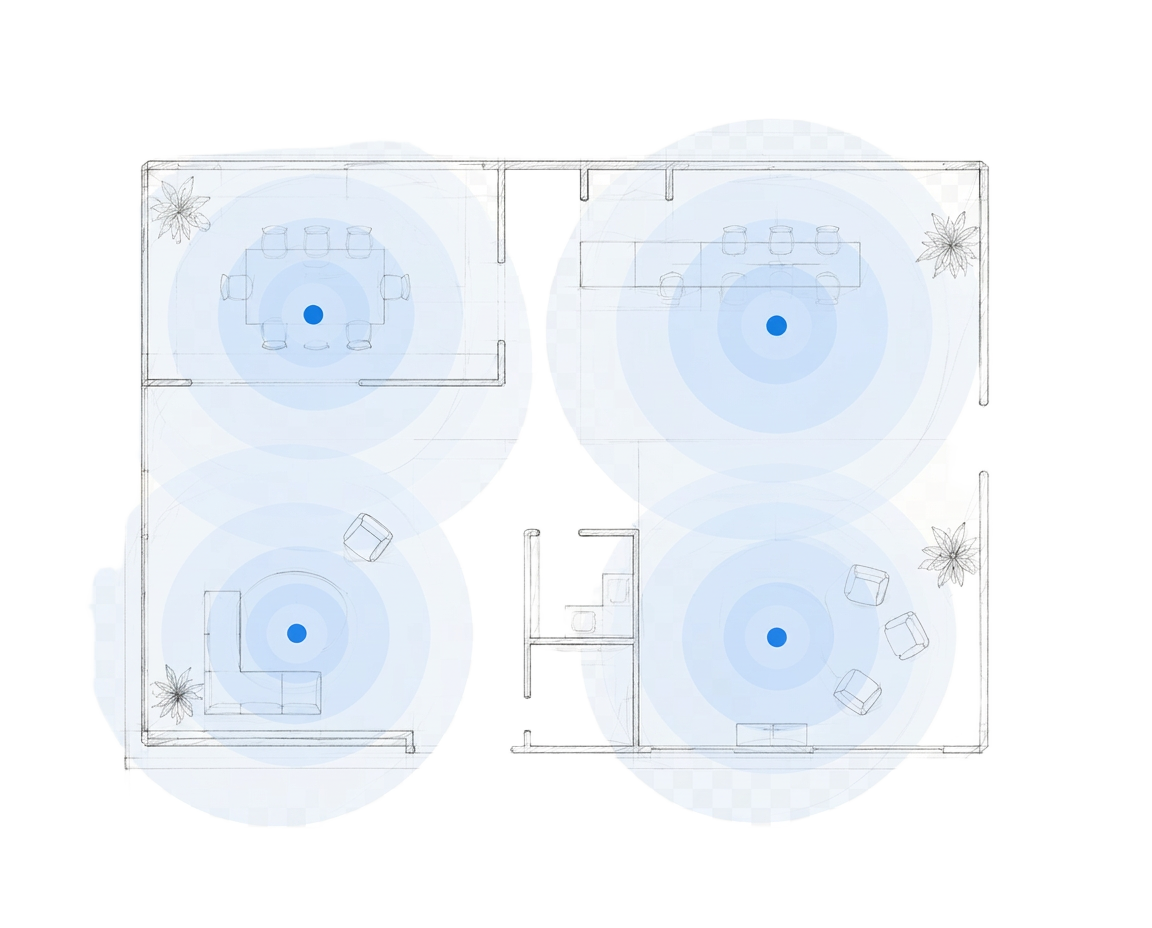 Floor plan showing wireless coverage zones across meeting rooms and lounge areas.